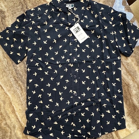 NWT- Mens Blue & Khaki Collared Short Sleeve Button Down Shirt- - Picture 2 of 2